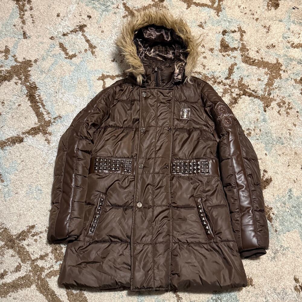 Vintage Rocawear Womens Faux Fur Hood Puffer Jacket Size XL Mocha Brown Y2K